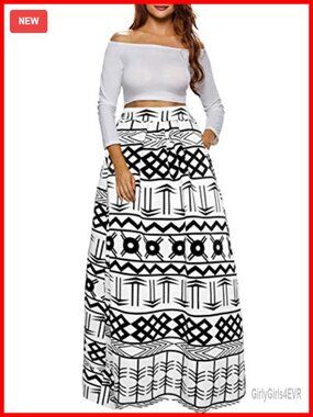 Afibi Women African Print Maxi Skirt with Pockets A-Line Flared Long Skirt